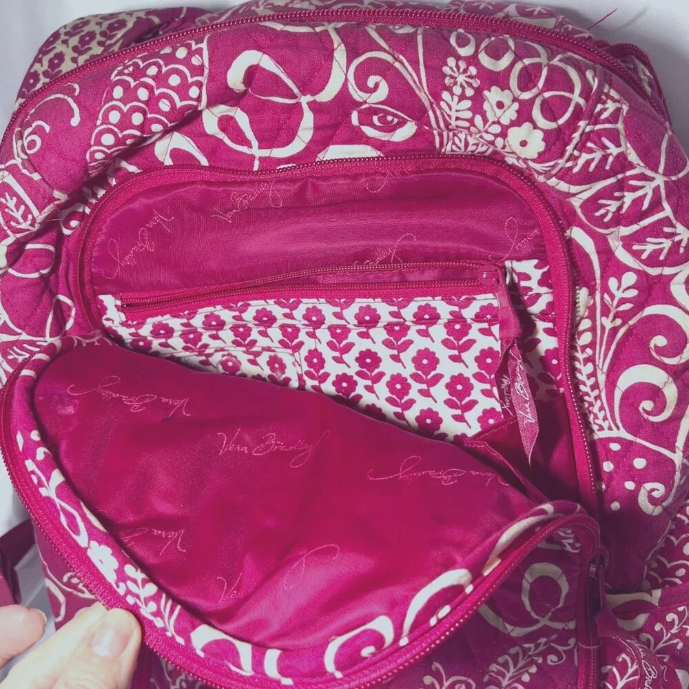 Vera Bradley Computer/Laptop Back Pack-Twirly Bird Hot Pink/White-Large-School